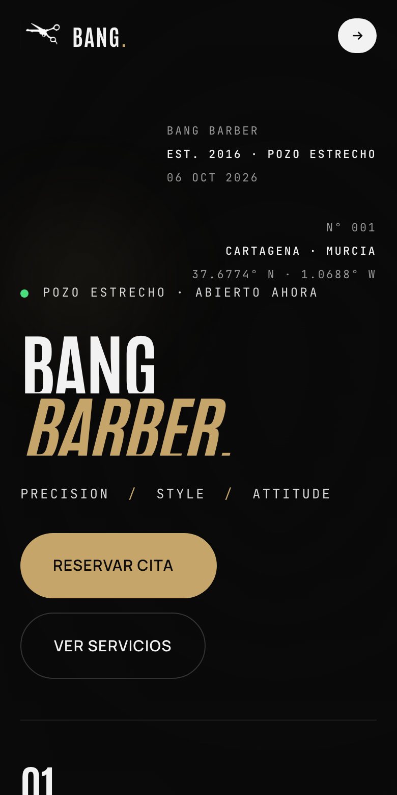 Web de la barbería Bang Barber en el móvil