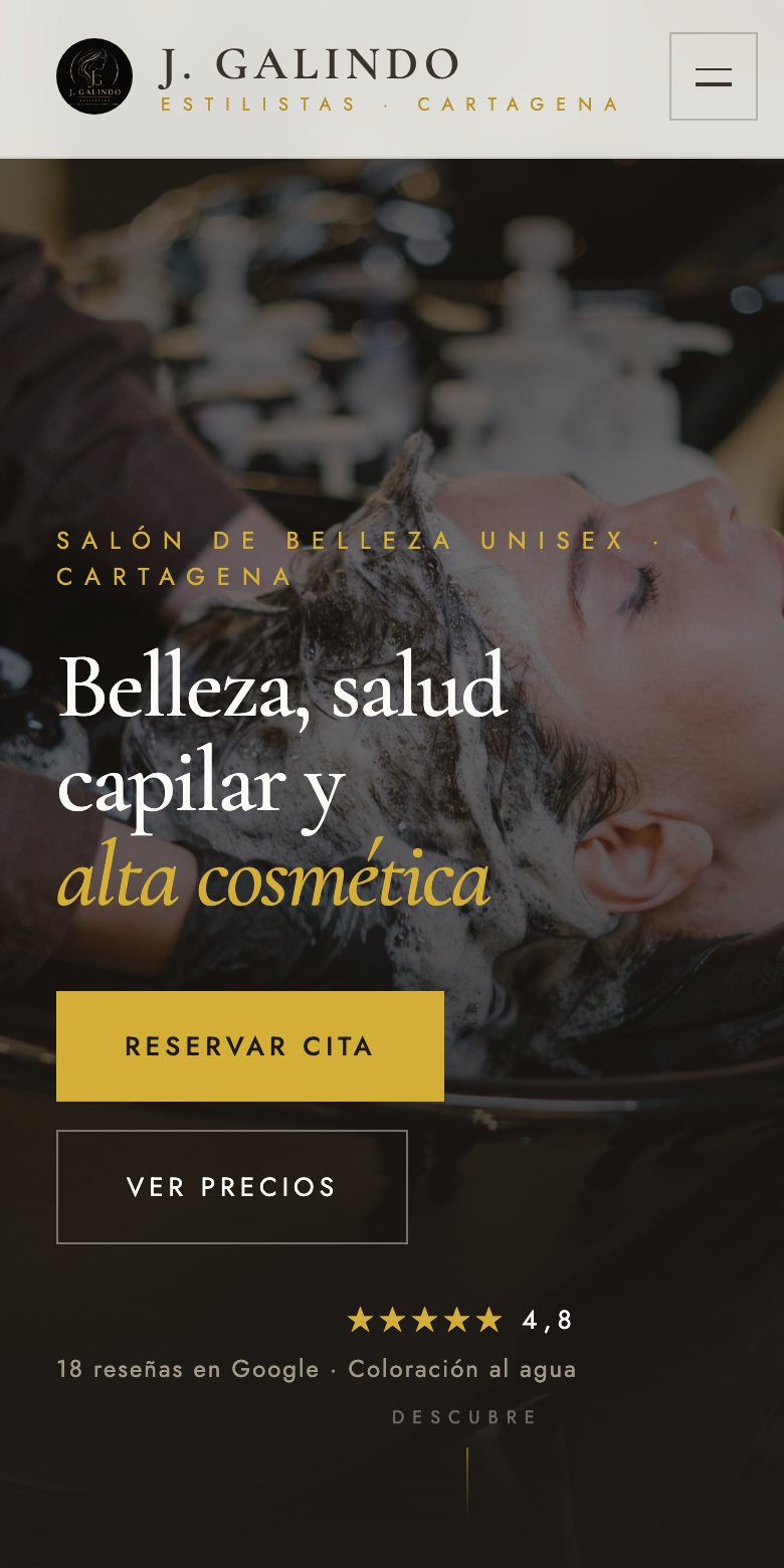 Web de la peluquería J. Galindo Estilistas en el móvil
